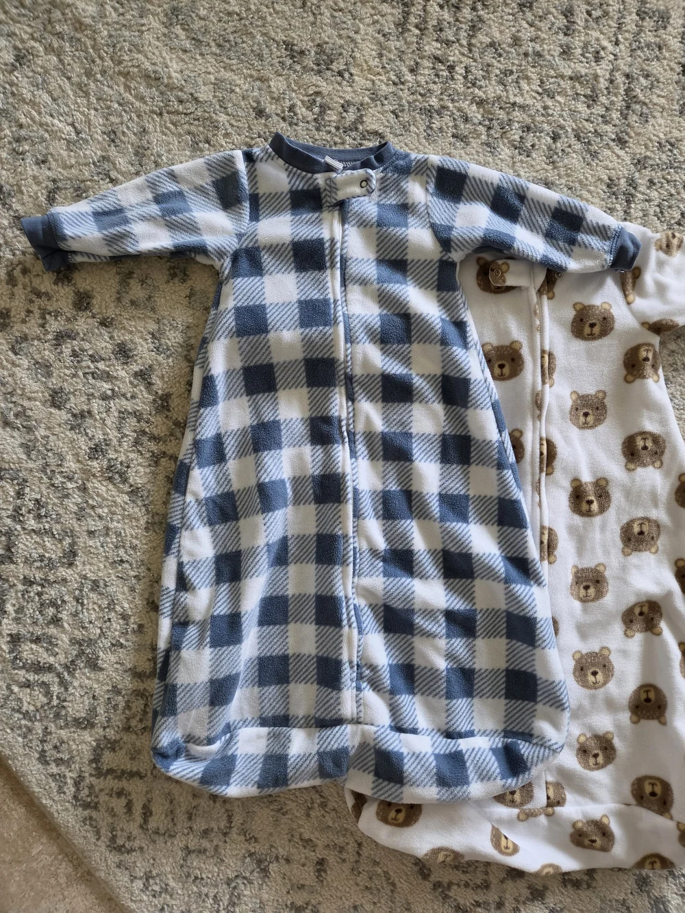 Fleece Baby Sleep Sack Pajamas - Blue Plaid & Brown Bear Prints 0-9 Months